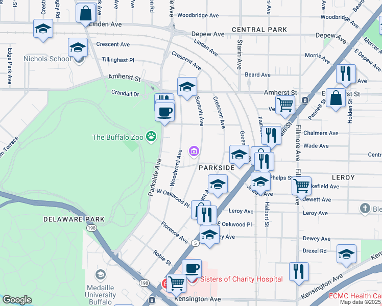 map of restaurants, bars, coffee shops, grocery stores, and more near 125 Jewett Parkway in Buffalo
