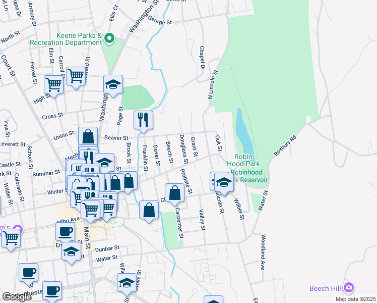 map of restaurants, bars, coffee shops, grocery stores, and more near 240 Roxbury Street in Keene