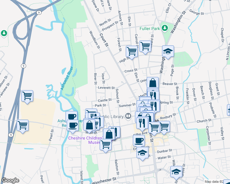 map of restaurants, bars, coffee shops, grocery stores, and more near 17 Castle Street in Keene