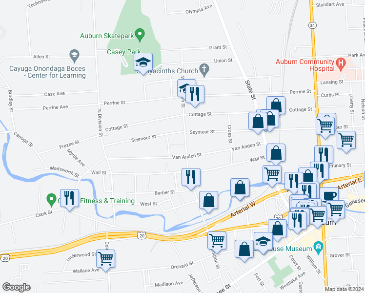map of restaurants, bars, coffee shops, grocery stores, and more near 90 Washington Street in Auburn