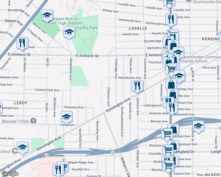 map of restaurants, bars, coffee shops, grocery stores, and more near 57 Clarence Avenue in Buffalo
