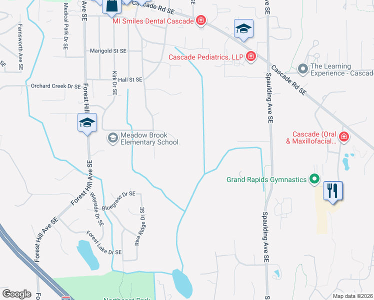 map of restaurants, bars, coffee shops, grocery stores, and more near 4896 East Meadows Court Southeast in Grand Rapids