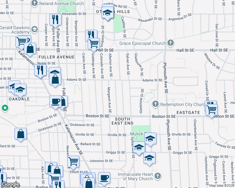 map of restaurants, bars, coffee shops, grocery stores, and more near 1506 Margaret Avenue Southeast in Grand Rapids