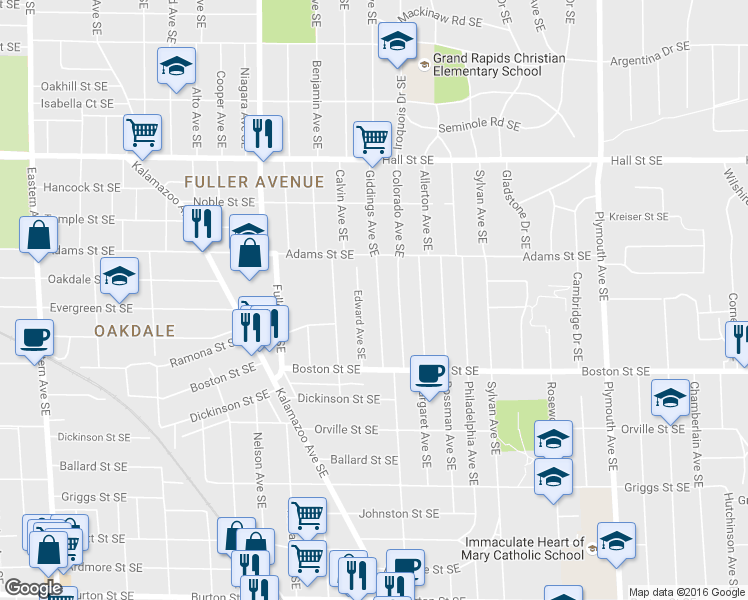 map of restaurants, bars, coffee shops, grocery stores, and more near 1510 Edward Avenue Southeast in Grand Rapids