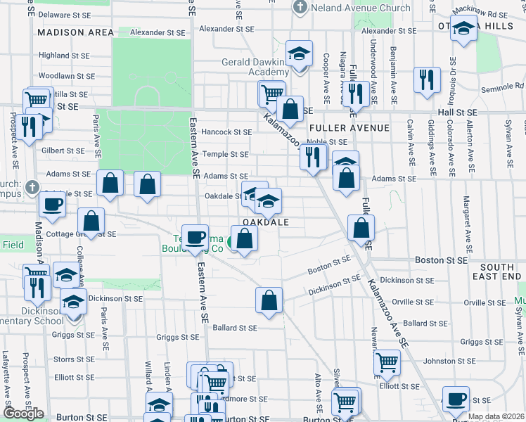 map of restaurants, bars, coffee shops, grocery stores, and more near 920 Evergreen Street Southeast in Grand Rapids
