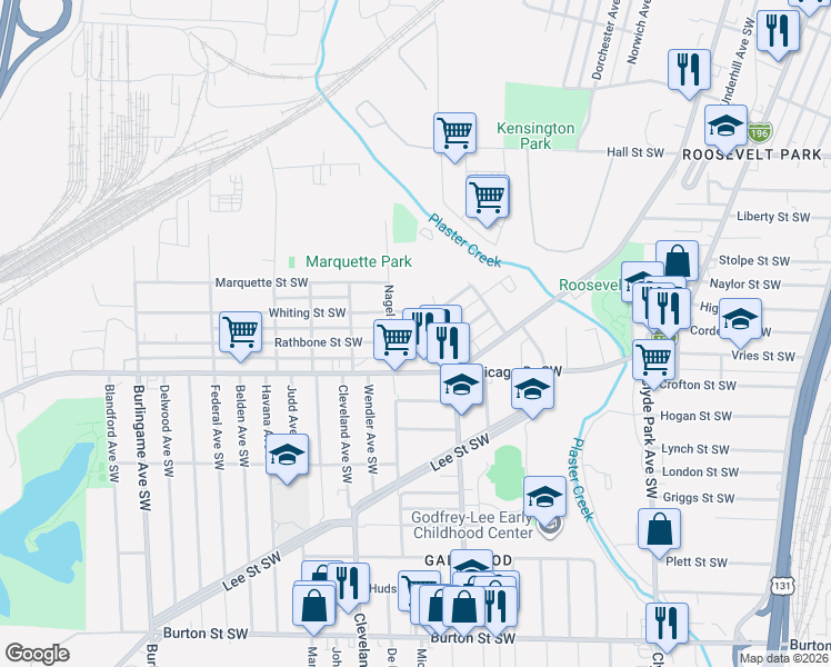 map of restaurants, bars, coffee shops, grocery stores, and more near 1120 Rathbone Street Southwest in Wyoming