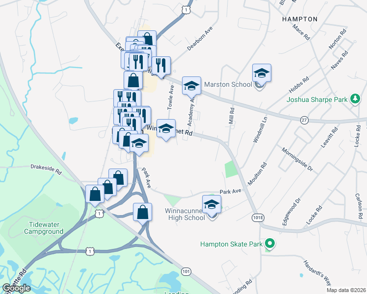 map of restaurants, bars, coffee shops, grocery stores, and more near 89 Winnacunnet Road in Hampton