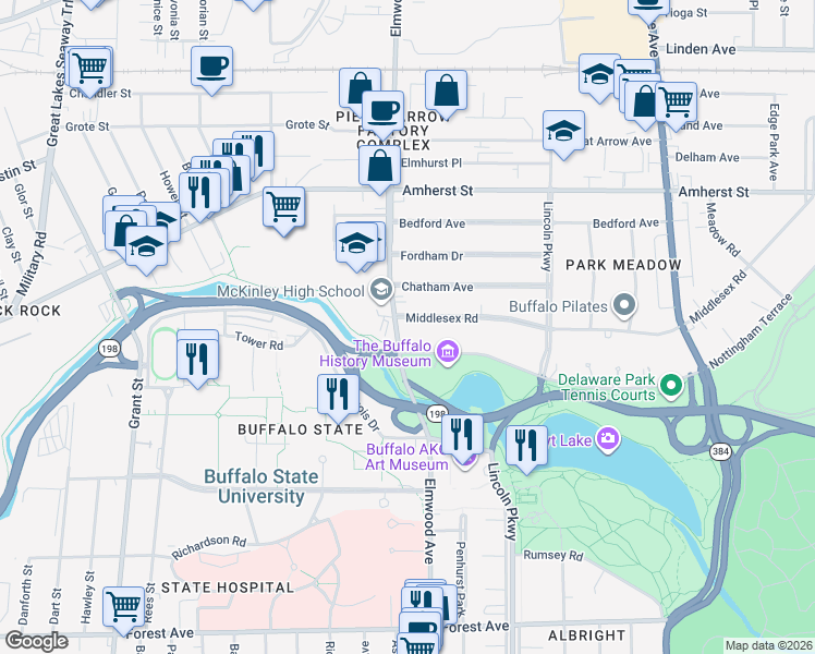 map of restaurants, bars, coffee shops, grocery stores, and more near 317 Nottingham Terrace in Buffalo