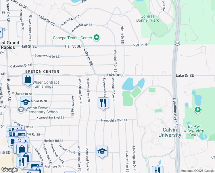 map of restaurants, bars, coffee shops, grocery stores, and more near 3006 Maplewood Drive Southeast in East Grand Rapids