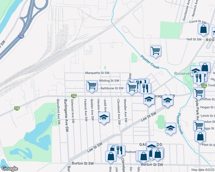 map of restaurants, bars, coffee shops, grocery stores, and more near 1313 Rathbone Street Southwest in Wyoming