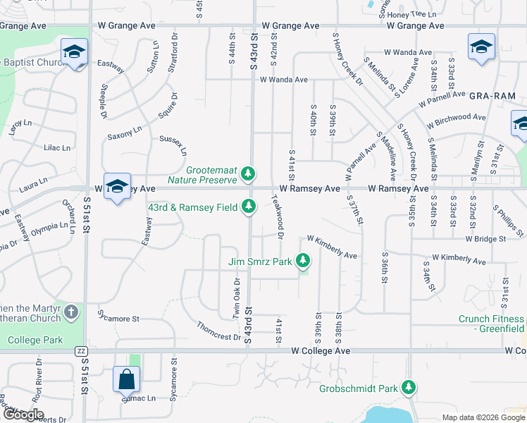 map of restaurants, bars, coffee shops, grocery stores, and more near 6015 Trail Ridge Court in Greendale