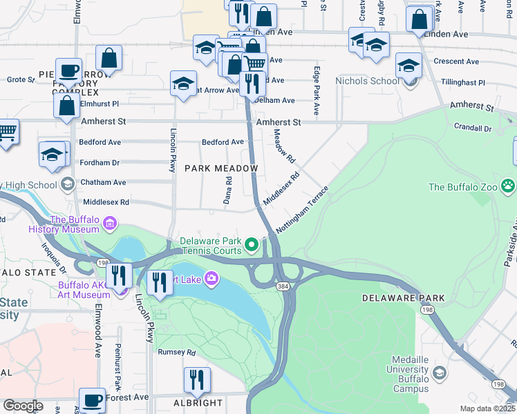 map of restaurants, bars, coffee shops, grocery stores, and more near Delaware Avenue & Middlesex Road in Buffalo