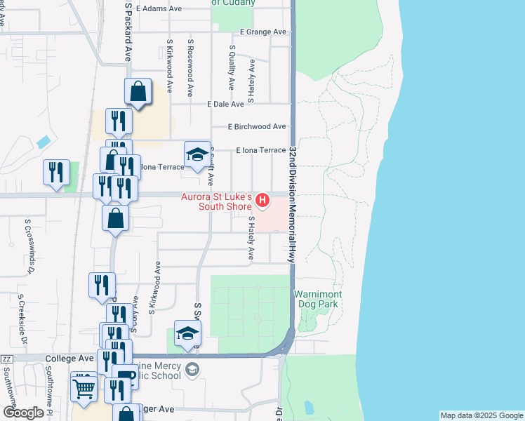map of restaurants, bars, coffee shops, grocery stores, and more near 5900 South Lake Drive in Cudahy