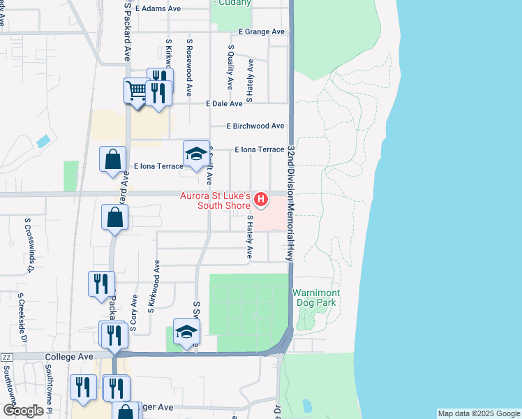 map of restaurants, bars, coffee shops, grocery stores, and more near 5900 South Lake Drive in Cudahy