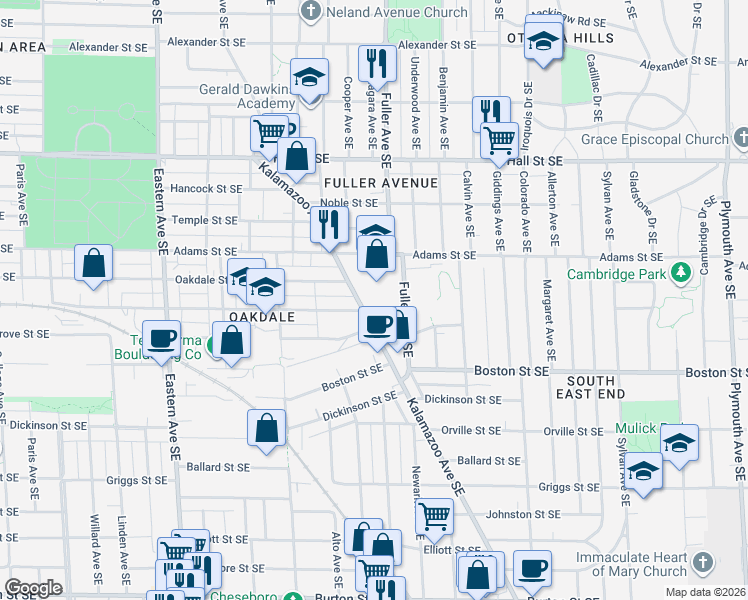 map of restaurants, bars, coffee shops, grocery stores, and more near 1470 Kalamazoo Avenue Southeast in Grand Rapids