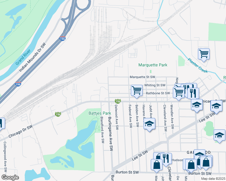 map of restaurants, bars, coffee shops, grocery stores, and more near 1561 Rathbone Street Southwest in Wyoming
