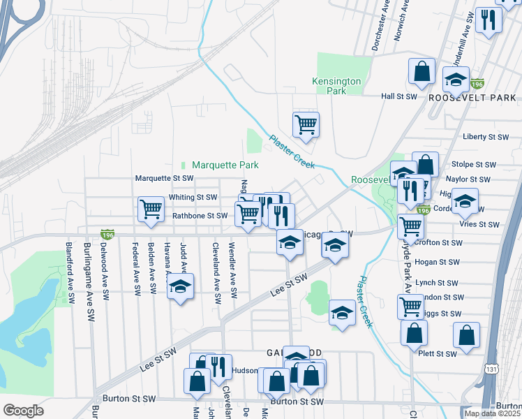 map of restaurants, bars, coffee shops, grocery stores, and more near 1137 Rathbone Street Southwest in Wyoming