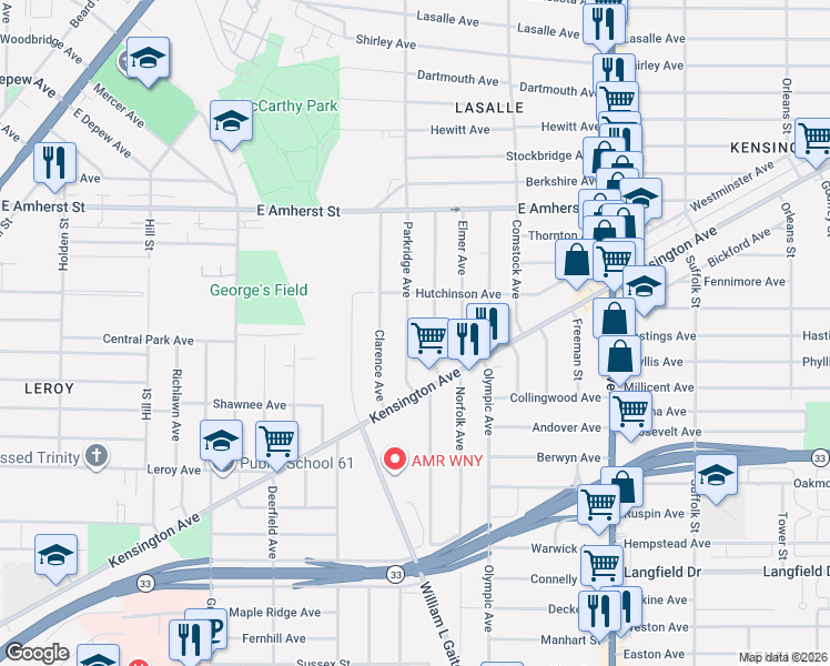 map of restaurants, bars, coffee shops, grocery stores, and more near 57 Clarence Avenue in Buffalo
