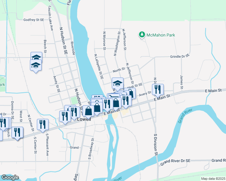 map of restaurants, bars, coffee shops, grocery stores, and more near 320 North Monroe Street in Lowell