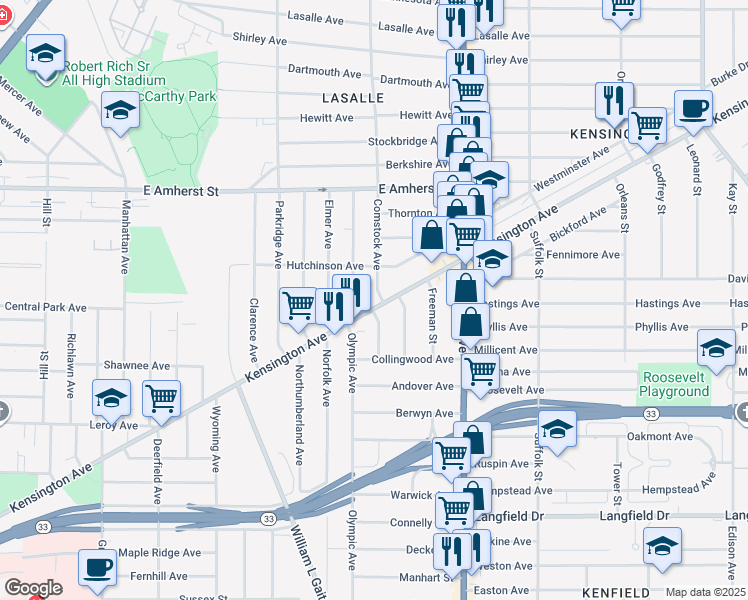 map of restaurants, bars, coffee shops, grocery stores, and more near 996 Kensington Avenue in Buffalo