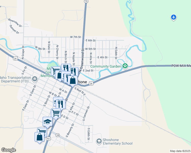 map of restaurants, bars, coffee shops, grocery stores, and more near 123 North Beverly Street in Shoshone