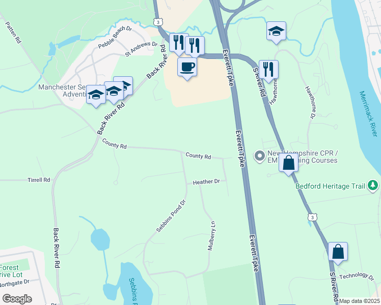 map of restaurants, bars, coffee shops, grocery stores, and more near 236 County Road in Bedford