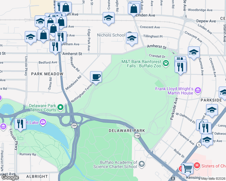 map of restaurants, bars, coffee shops, grocery stores, and more near 414 Parkside Avenue in Buffalo