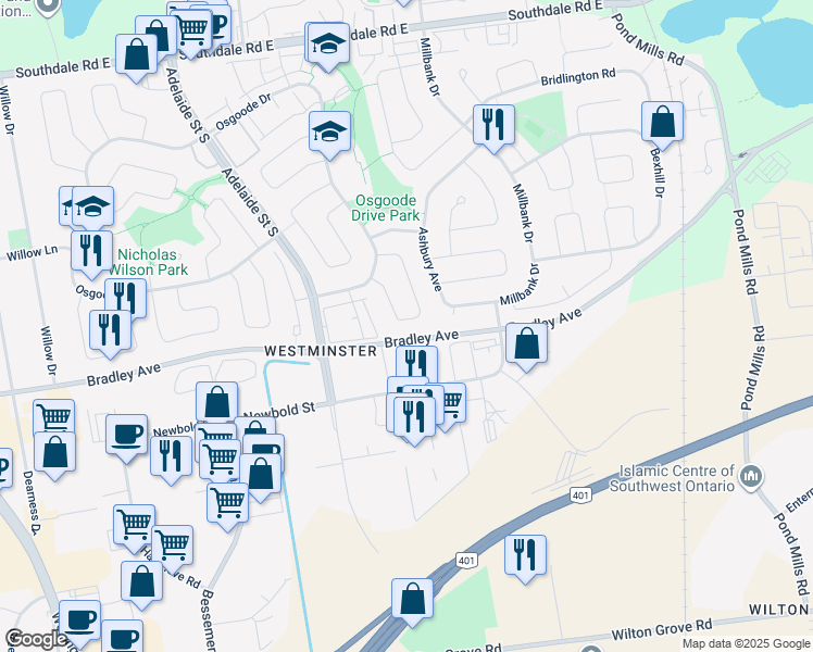 map of restaurants, bars, coffee shops, grocery stores, and more near 87 Woodrow Crescent in London