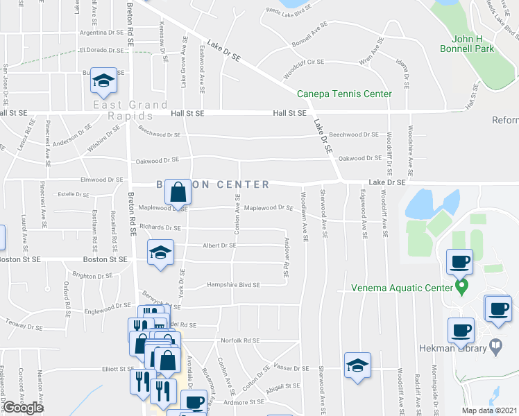 map of restaurants, bars, coffee shops, grocery stores, and more near 2708 Maplewood Drive Southeast in East Grand Rapids