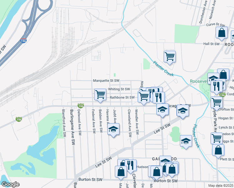 map of restaurants, bars, coffee shops, grocery stores, and more near 1313 Rathbone Street Southwest in Wyoming