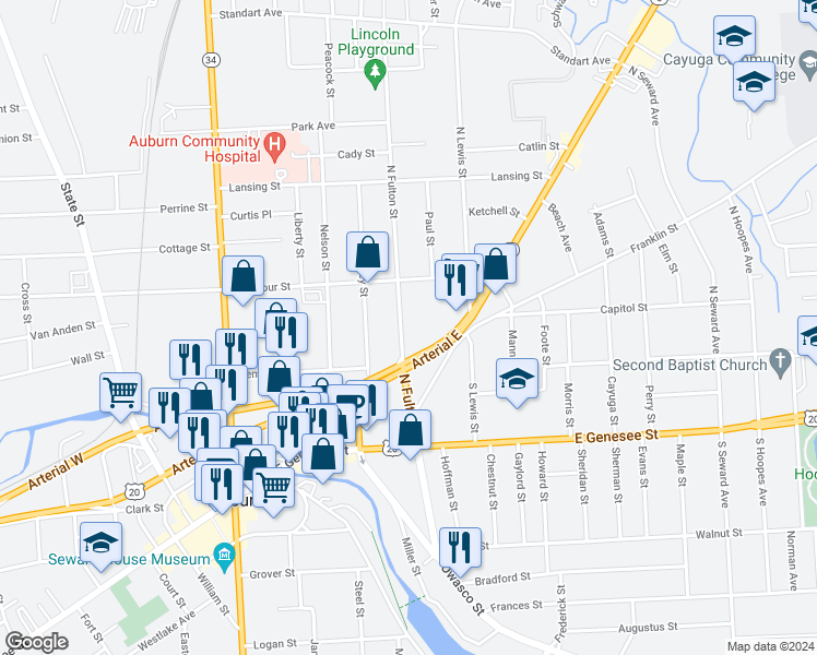 map of restaurants, bars, coffee shops, grocery stores, and more near 29 North Fulton Street in Auburn