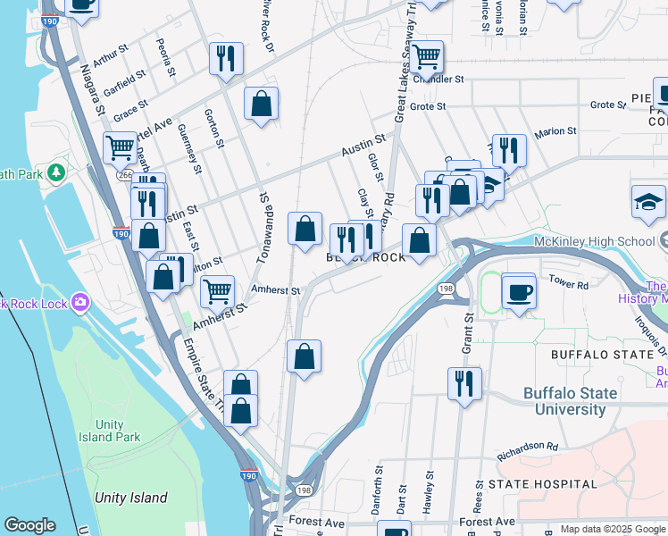 map of restaurants, bars, coffee shops, grocery stores, and more near 201 Amherst Street in Buffalo