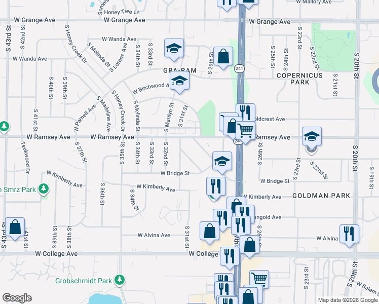 map of restaurants, bars, coffee shops, grocery stores, and more near 5974 South 31st Street in Greenfield