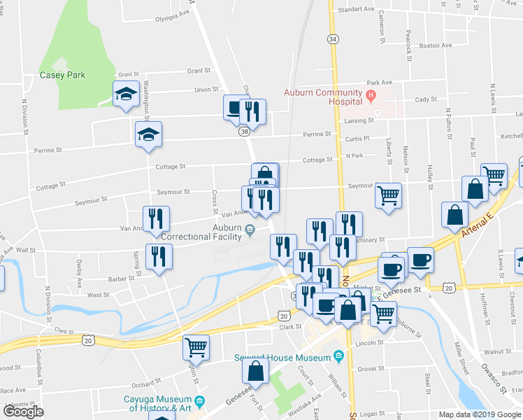 map of restaurants, bars, coffee shops, grocery stores, and more near 54 Van Anden Street in Auburn
