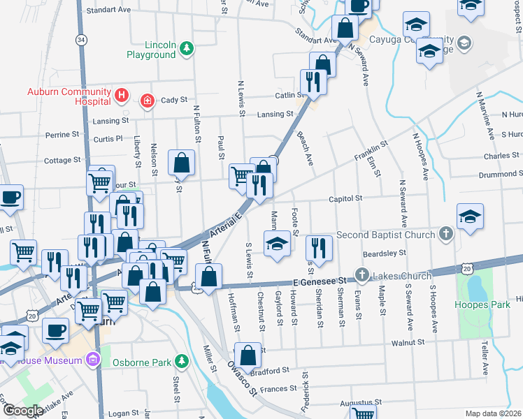 map of restaurants, bars, coffee shops, grocery stores, and more near 78 Franklin Street in Auburn