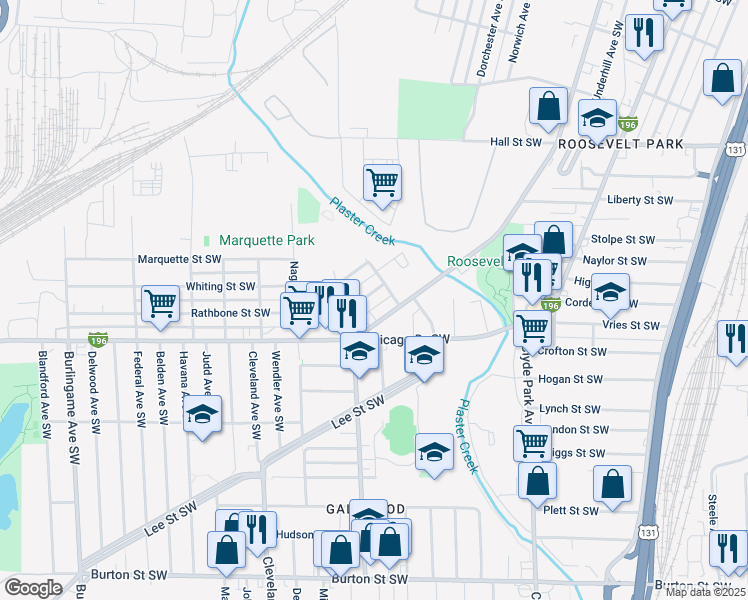 map of restaurants, bars, coffee shops, grocery stores, and more near 1046 Rathbone Street Southwest in Wyoming
