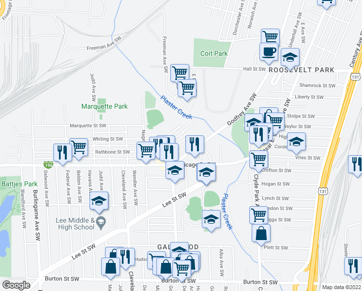 map of restaurants, bars, coffee shops, grocery stores, and more near 1046 Rathbone Street Southwest in Wyoming