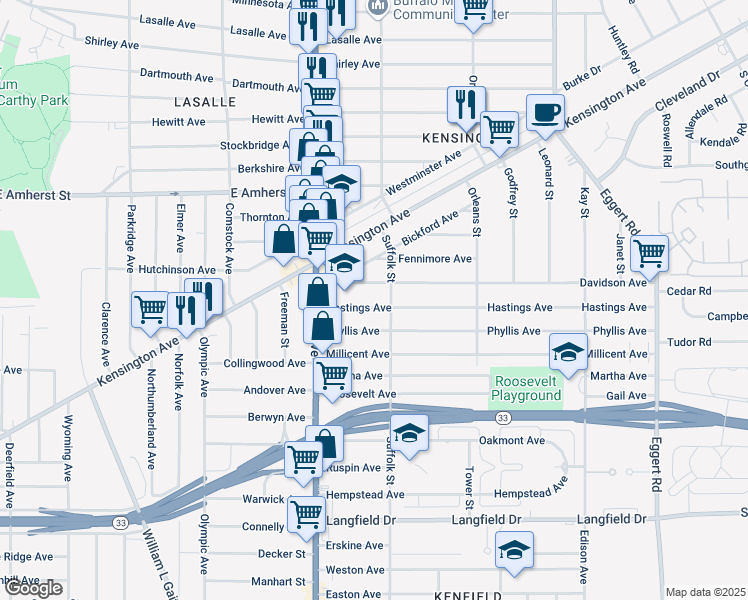 map of restaurants, bars, coffee shops, grocery stores, and more near 64 Hastings Avenue in Buffalo