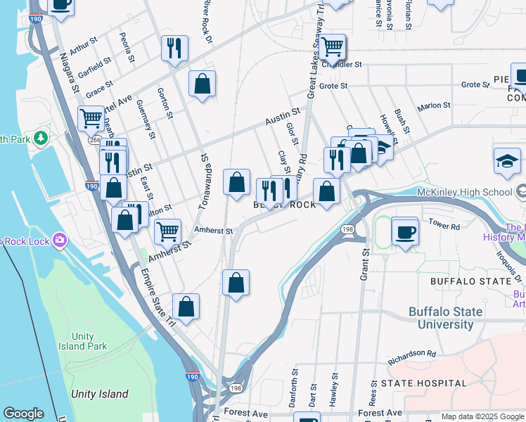 map of restaurants, bars, coffee shops, grocery stores, and more near 238 Amherst Street in Buffalo