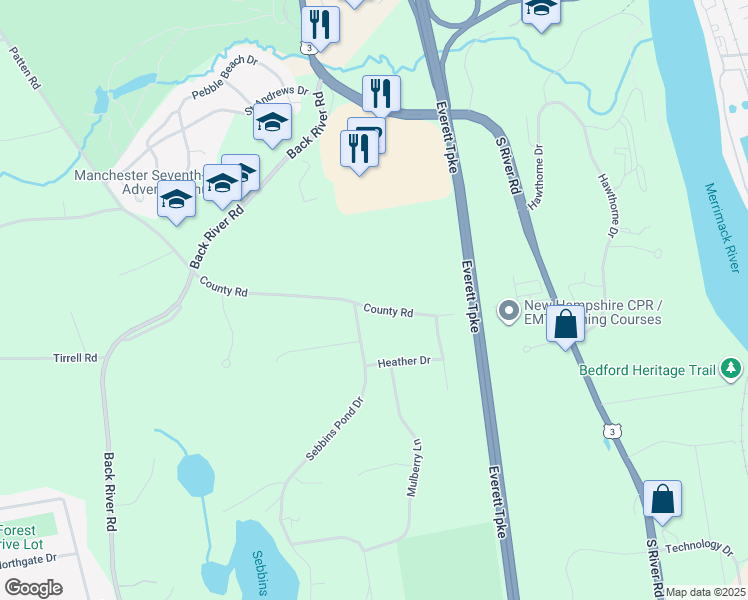 map of restaurants, bars, coffee shops, grocery stores, and more near 236 County Road in Bedford