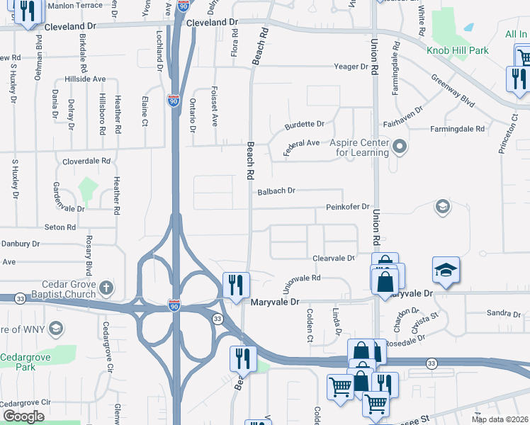 map of restaurants, bars, coffee shops, grocery stores, and more near 35 Balbach Drive in Buffalo