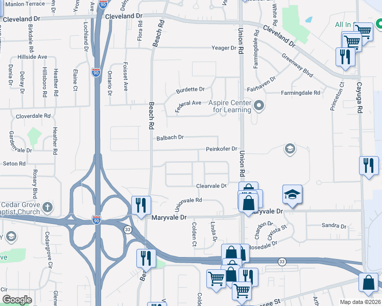 map of restaurants, bars, coffee shops, grocery stores, and more near 67 Balbach Drive in Buffalo