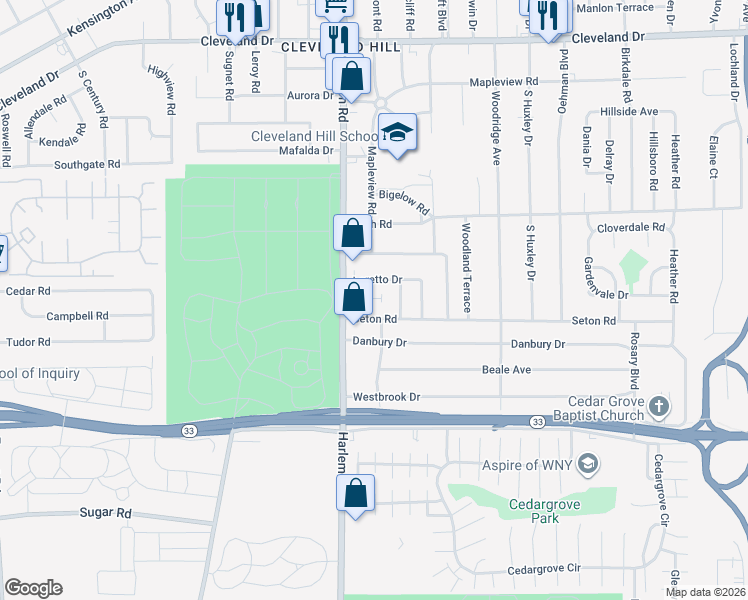 map of restaurants, bars, coffee shops, grocery stores, and more near 16 Loretto Drive in Buffalo