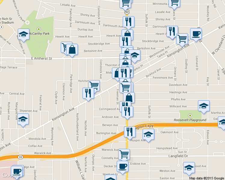 map of restaurants, bars, coffee shops, grocery stores, and more near 197 Hutchinson Avenue in Buffalo