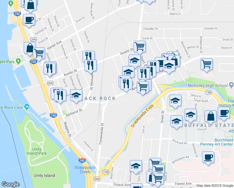 map of restaurants, bars, coffee shops, grocery stores, and more near 20 Churchill Street in Buffalo