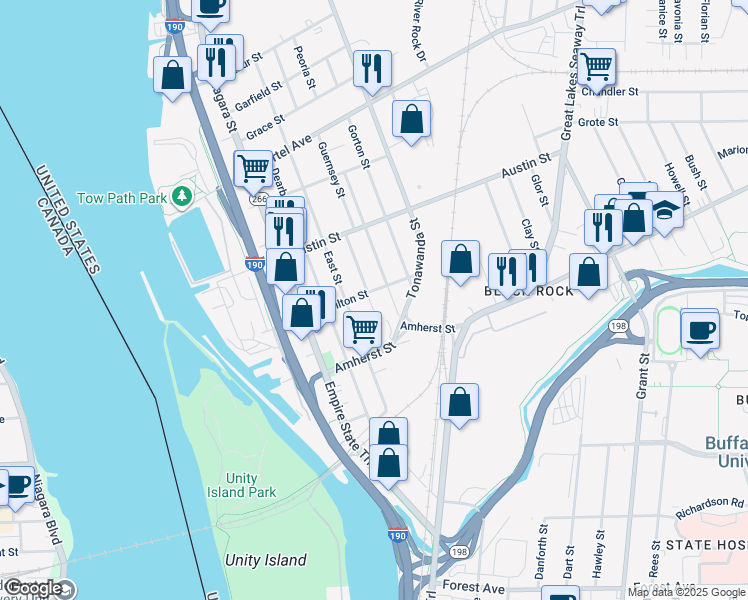 map of restaurants, bars, coffee shops, grocery stores, and more near 98 Thompson Street in Buffalo