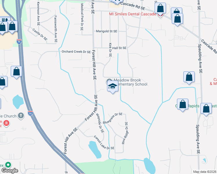 map of restaurants, bars, coffee shops, grocery stores, and more near 4658 East Meadows Drive Southeast in Grand Rapids