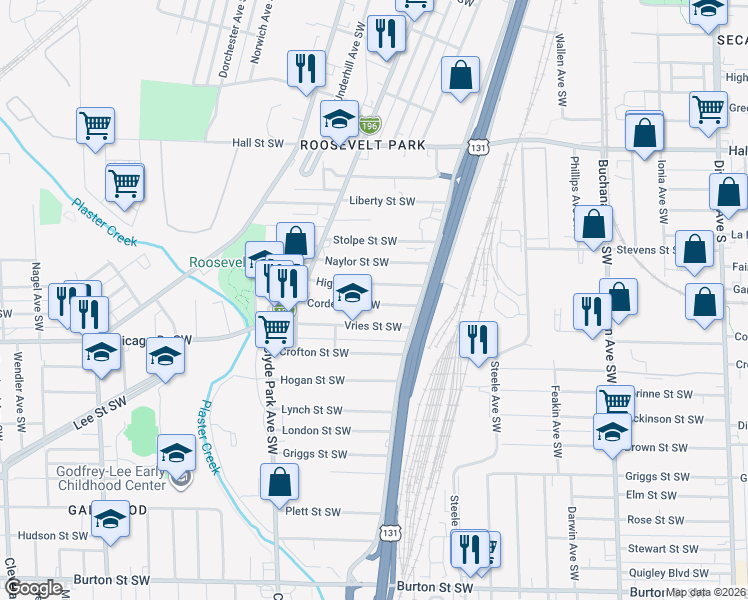 map of restaurants, bars, coffee shops, grocery stores, and more near 543 High Street Southwest in Grand Rapids
