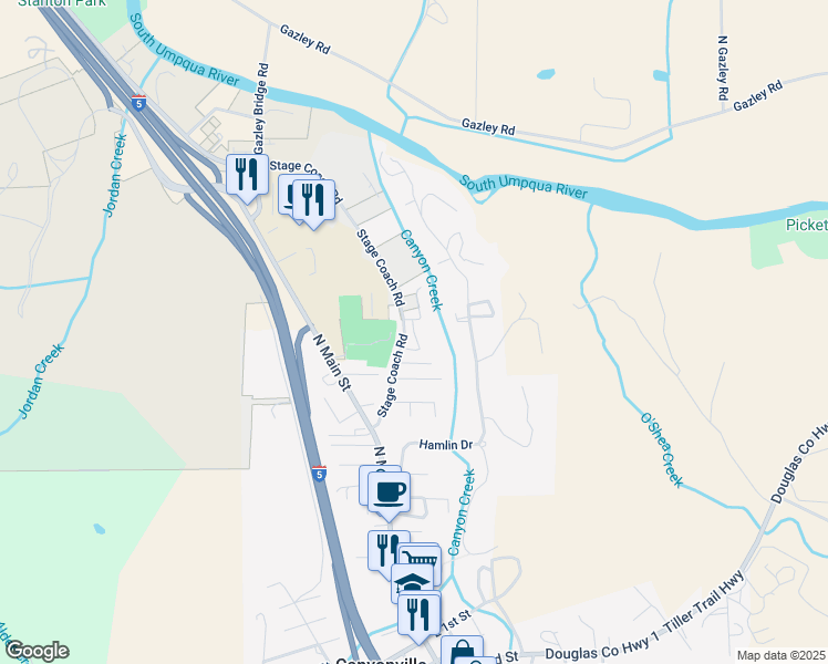 map of restaurants, bars, coffee shops, grocery stores, and more near Beaver Lane in Canyonville