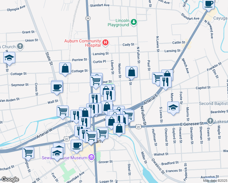 map of restaurants, bars, coffee shops, grocery stores, and more near 17 Nelson Street in Auburn